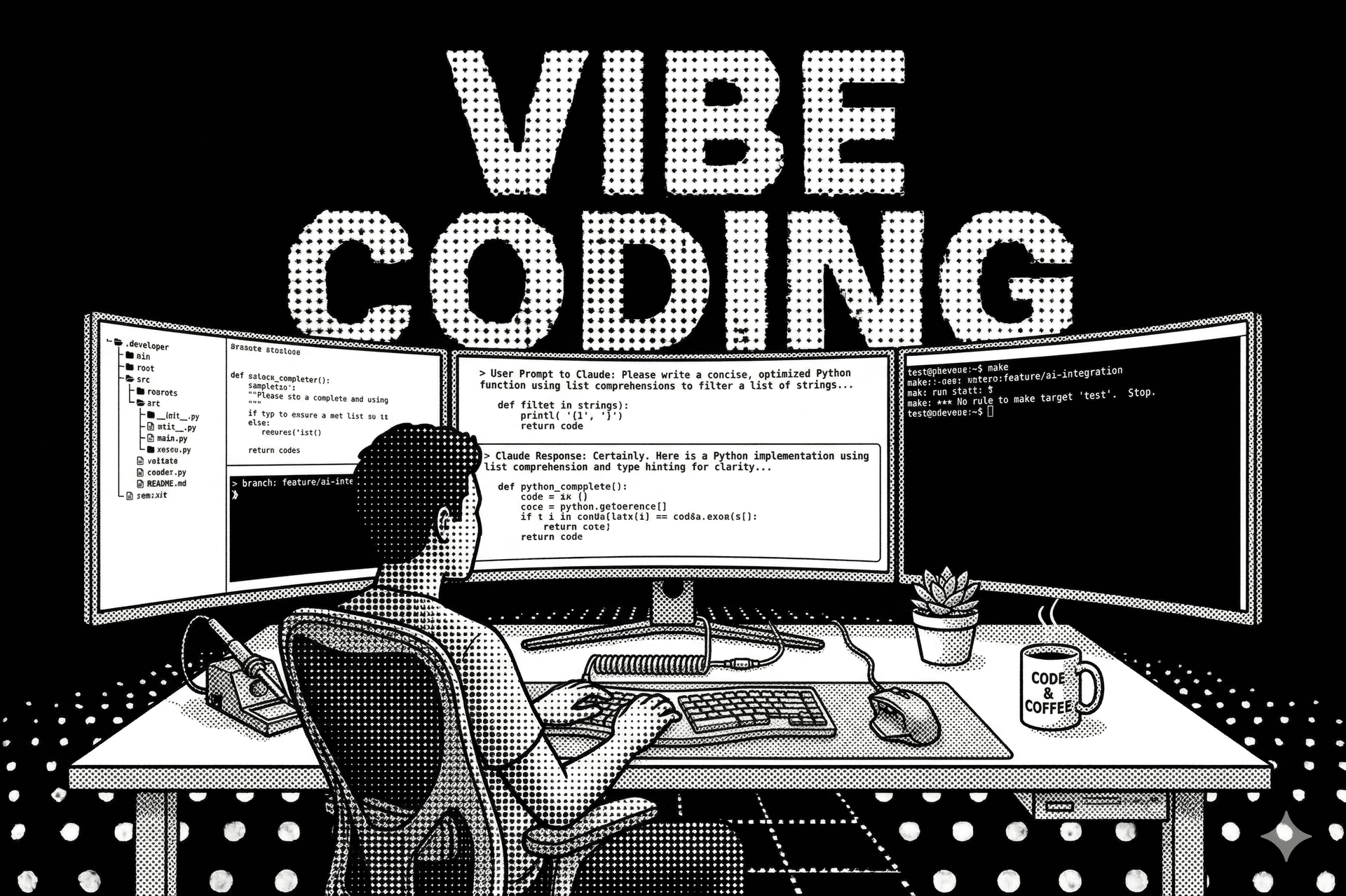 Vibe coding: developer at desk with AI-generated code on multiple monitors